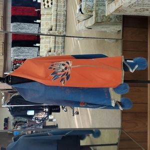 Diana Rosh Orange and Blue Wrap with Fox Fur Poms